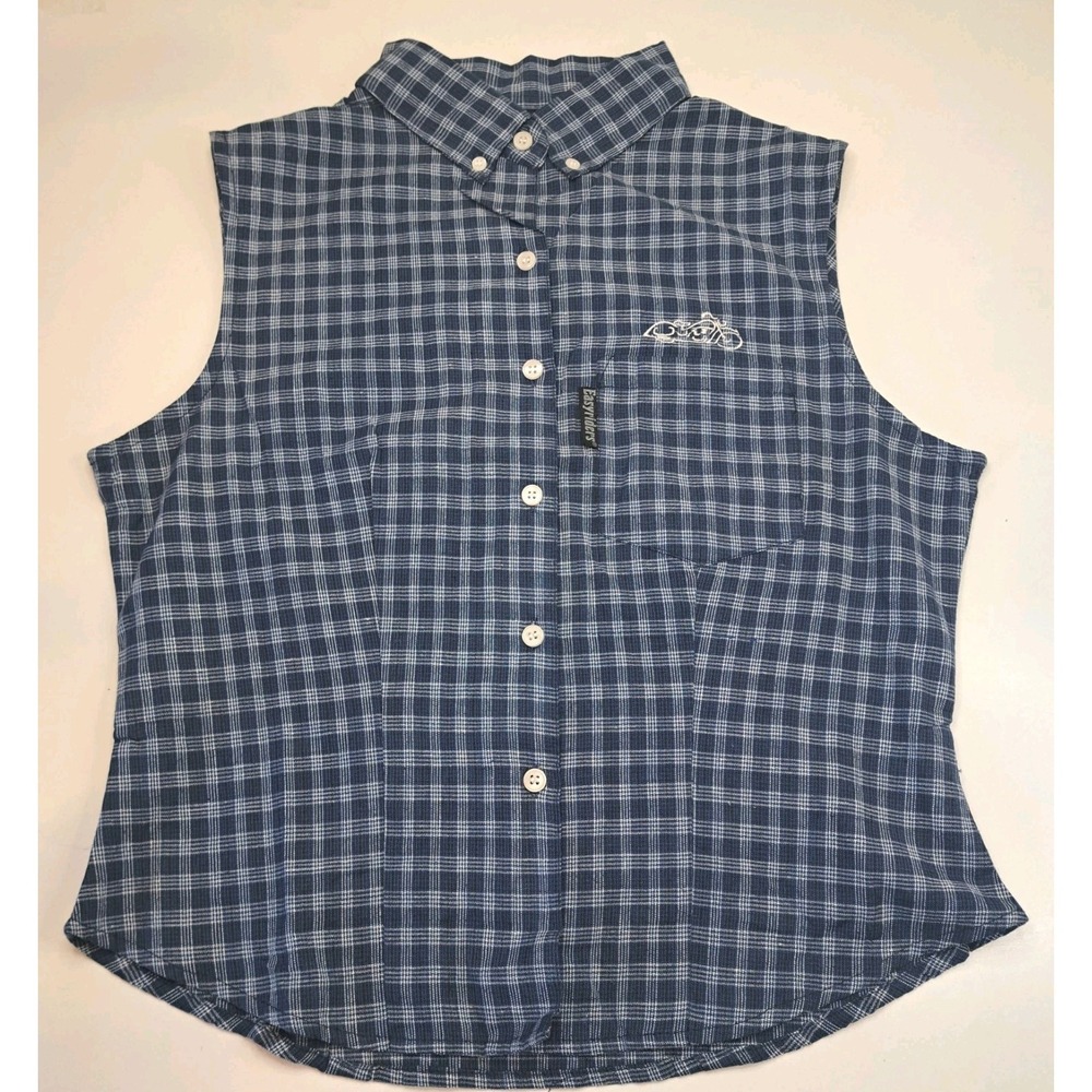 Essy Riders Sleeveless Shirt Women's XL Button Up Fitted Plaid Blue Biker